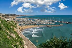 Fontanero Castelldefels, escena costera con palmeras y embarcaciones frente al puerto deportivo de la ciudad