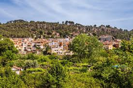 Fontanero La Palma de Cervelló, calle tranquila con casas tradicionales y montañas al fondo.